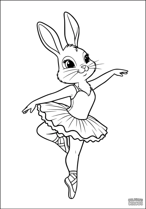 Coloring page showing a cute rabbit dressed as a ballerina striking a dance pose