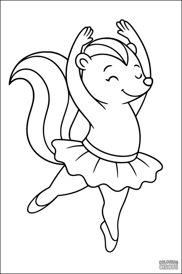 Coloring page of a cartoon skunk dancing in a tutu ballet outfit