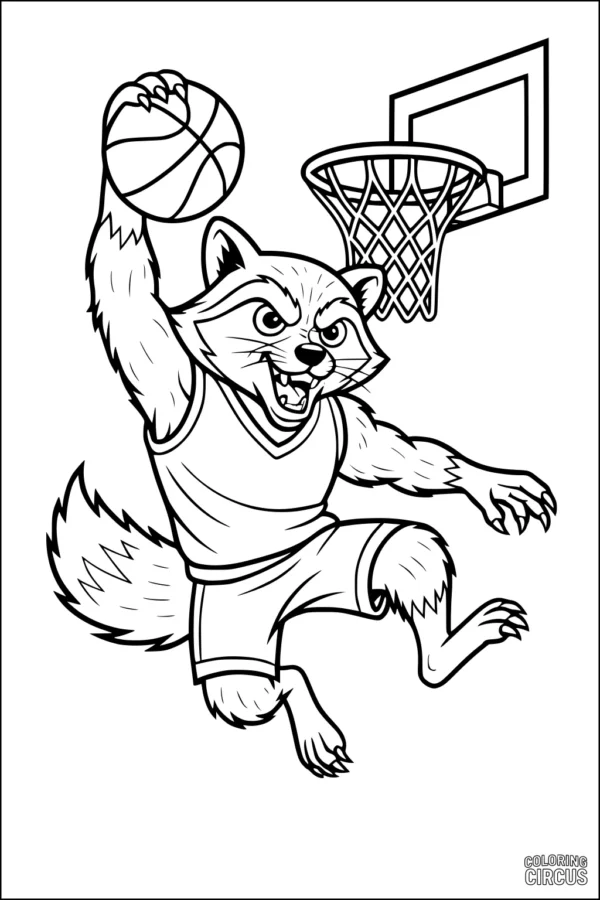 Coloring page of a raccoon jumping and dunking a basketball into a hoop