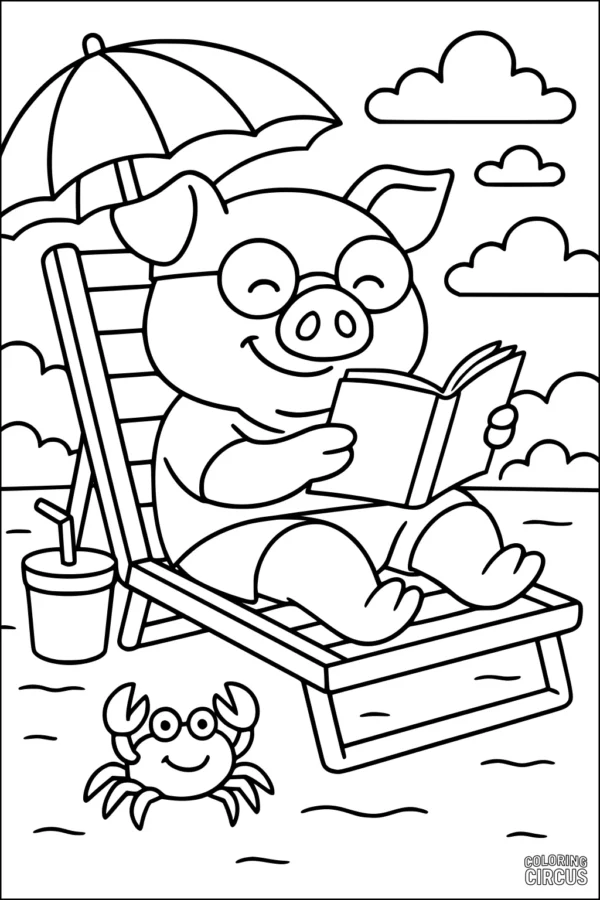 Coloring page featuring a pig with glasses reading on a beach chair under an umbrella, with a smiling crab and clouds in the background