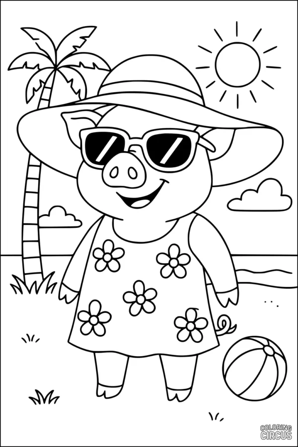 Coloring page of a pig in sunglasses and a sunhat standing on a beach with a palm tree, sun, clouds, and a beach ball