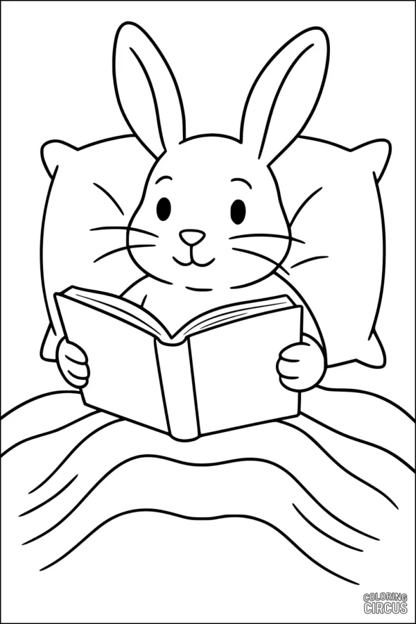 Coloring page of a cute rabbit reading a book in bed, resting against a pillow with a blanket.