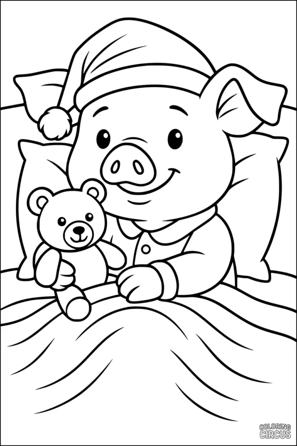 Coloring page of a piglet in bed with a teddy bear, wearing pajamas and a nightcap