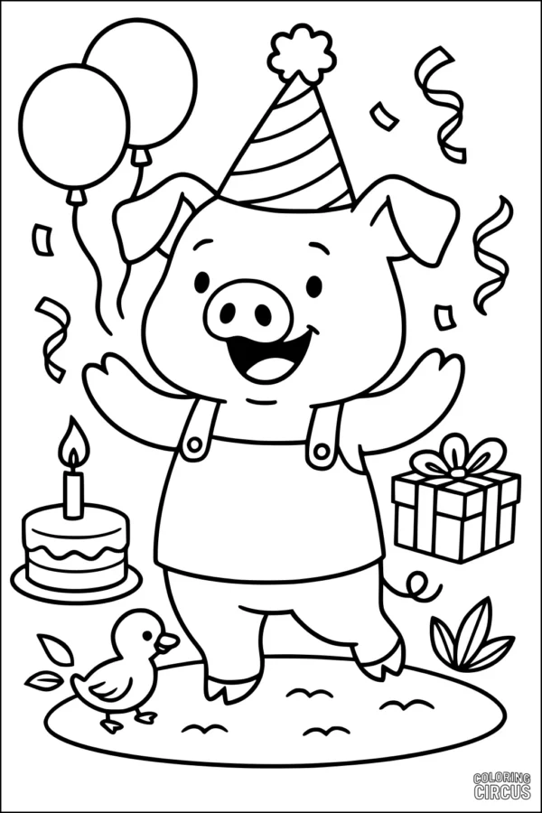 Coloring page showing a cute pig in a party hat, with balloons, cake, confetti, a present, and a duckling.