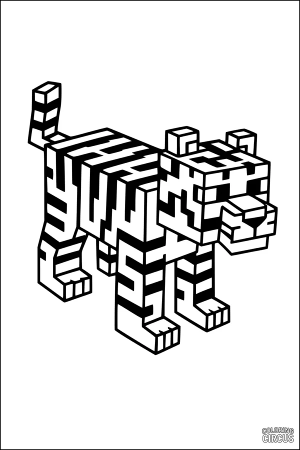 Coloring page featuring a cute block-style tiger with geometric stripes and squared features