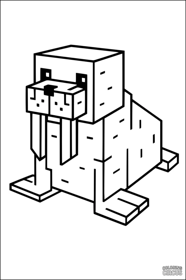 Coloring page of a blocky, Minecraft-style walrus with big tusks on a white background