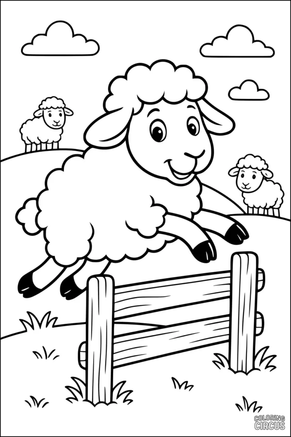 Coloring page with happy sheep jumping over a fence in a grassy meadow with puffy clouds