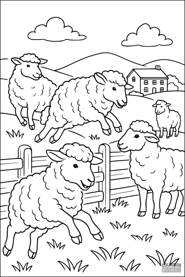 Coloring page of playful sheep jumping in a meadow with hills, farmhouse, and clouds in the background