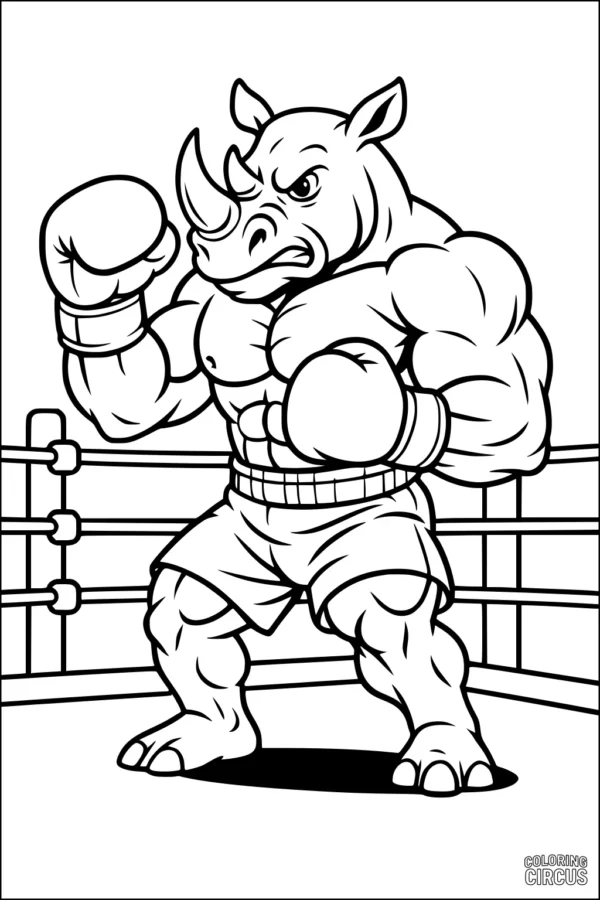 Coloring page of a cartoon rhinoceros boxer in a ring