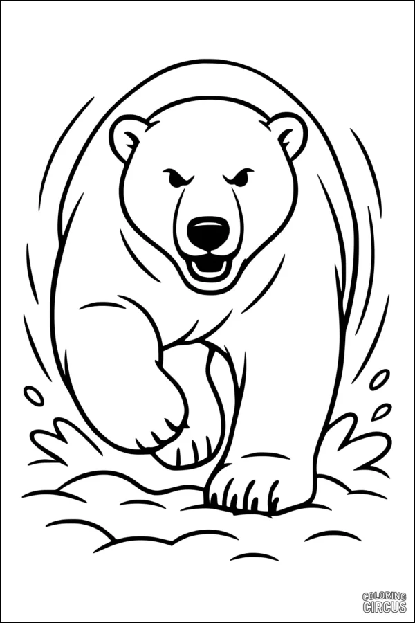 Coloring page polar bear running through snow with splashes