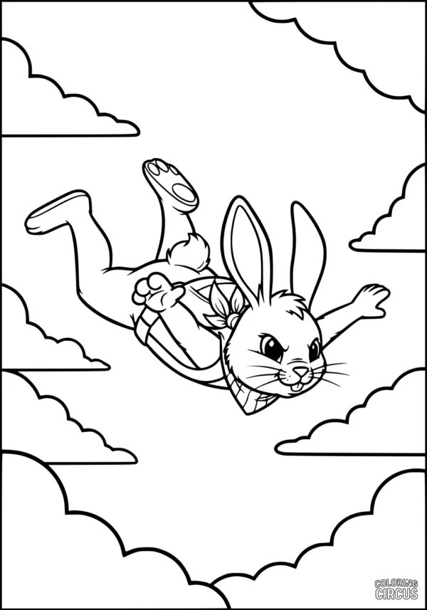 Coloring page rabbit flying through clouds wearing a vest