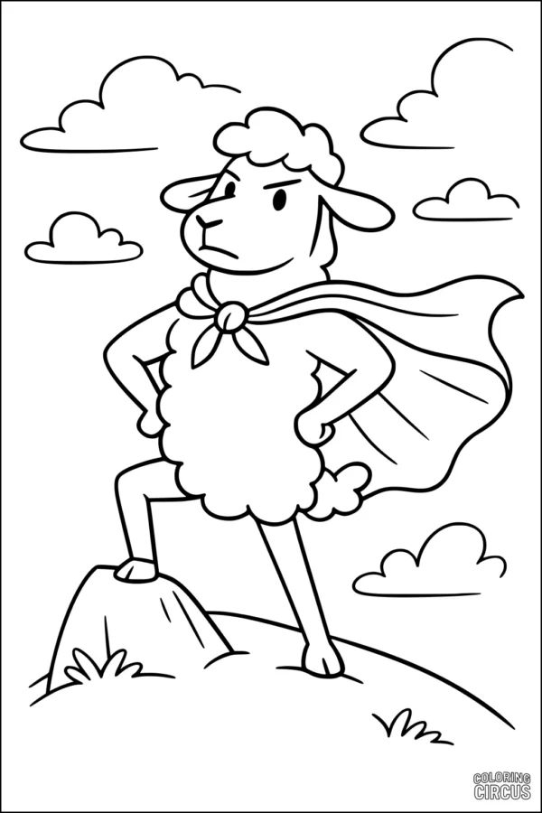 Coloring page of a cartoon sheep wearing a cape on a hilltop