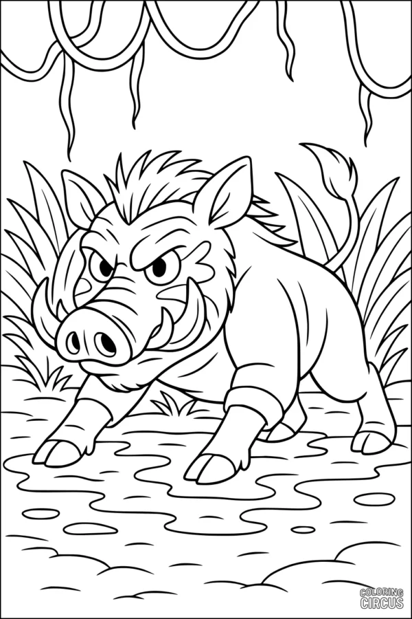 Coloring page of a cartoon warthog in a jungle with plants and muddy ground