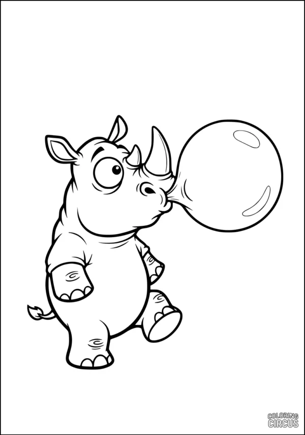 Coloring page featuring a cartoon rhinoceros blowing a large bubble gum bubble