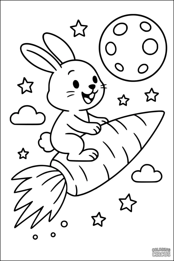 Coloring page of a cute rabbit riding a rocket-shaped carrot toward the moon with stars and clouds