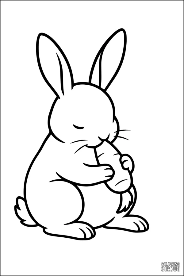 Coloring page featuring a cute rabbit holding and eating a carrot, perfect for young children.