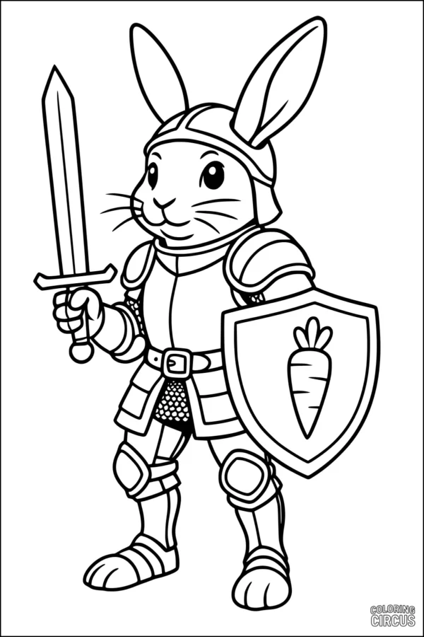 Coloring page of a rabbit dressed as a knight, holding sword and shield with carrot emblem