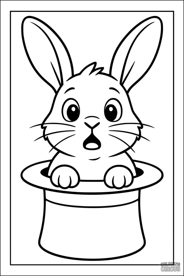 Coloring page featuring a cute rabbit with a surprised face peeking from a magician's top hat