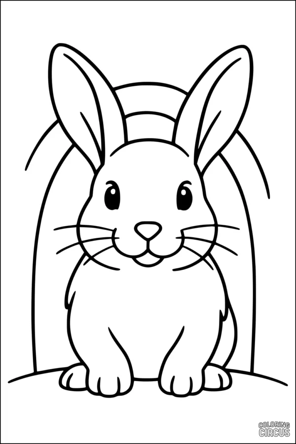 Coloring page showing a cute rabbit sitting in front of its burrow