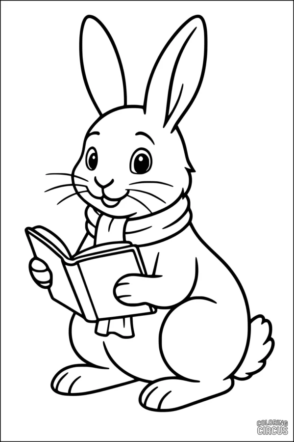 Coloring page of a cute rabbit with a scarf reading a book