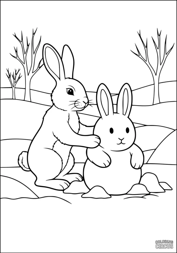 Coloring page showing a rabbit building a snow bunny in a wintry field with leafless trees