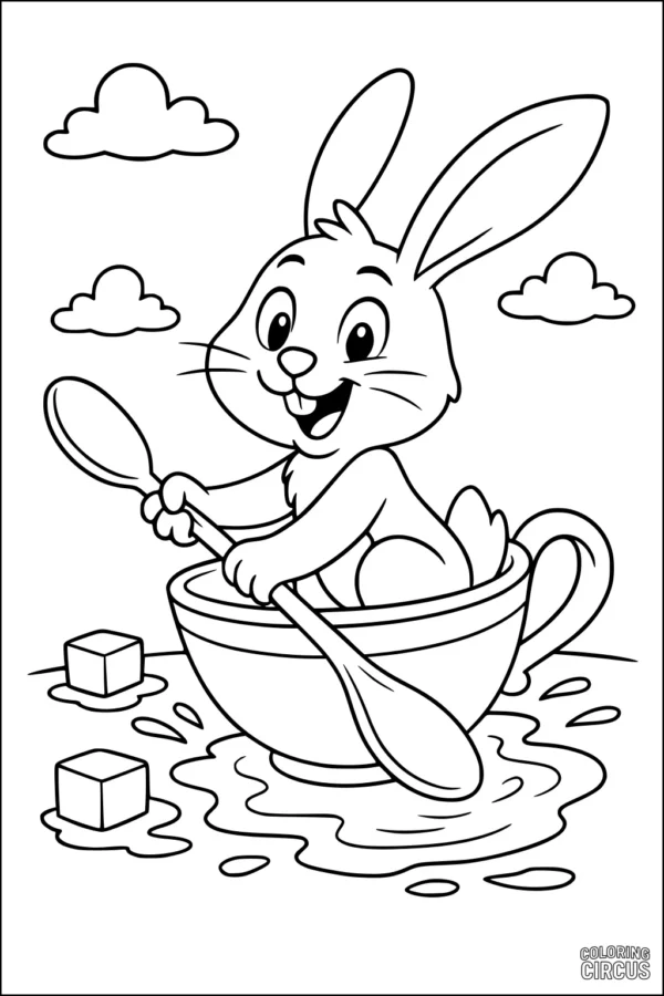 Coloring page of a smiling rabbit sitting in a teacup with spoons and ice cubes