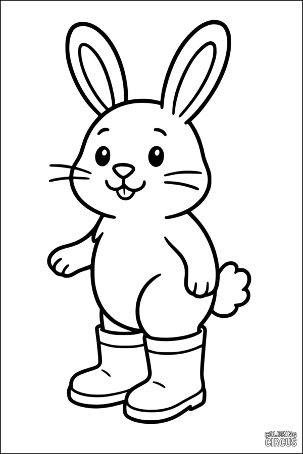 Coloring page shows a cute rabbit wearing rain boots, standing upright and smiling