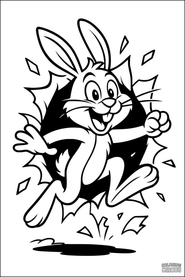 Coloring page featuring a cartoon rabbit leaping through a torn paper hole