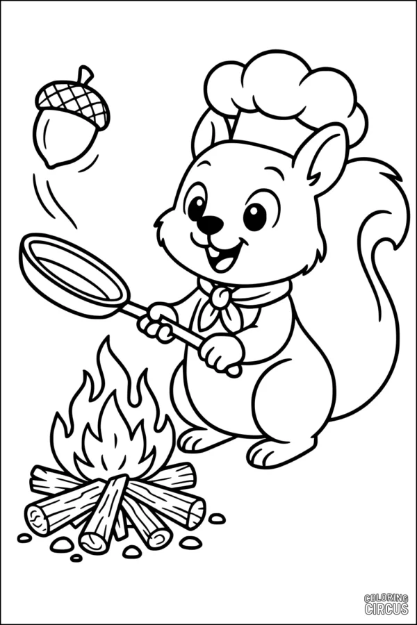 Coloring page featuring a cartoon squirrel wearing a chef hat, cooking an acorn over a campfire in the forest.