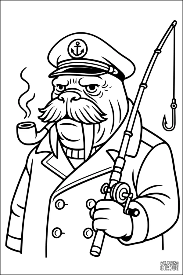 Coloring page of a walrus dressed as a sea captain holding a fishing rod