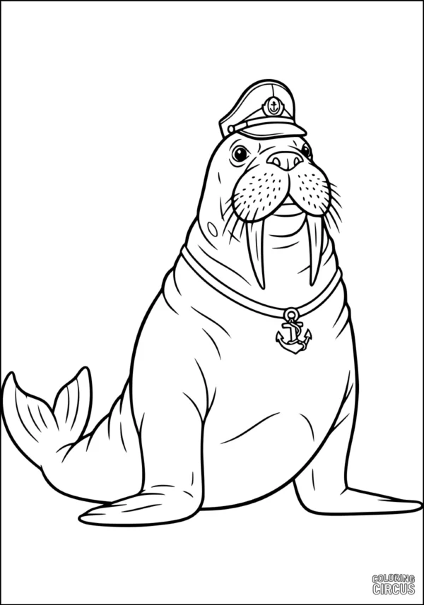 Coloring page of a walrus wearing a sailor hat and anchor necklace, friendly cartoon style