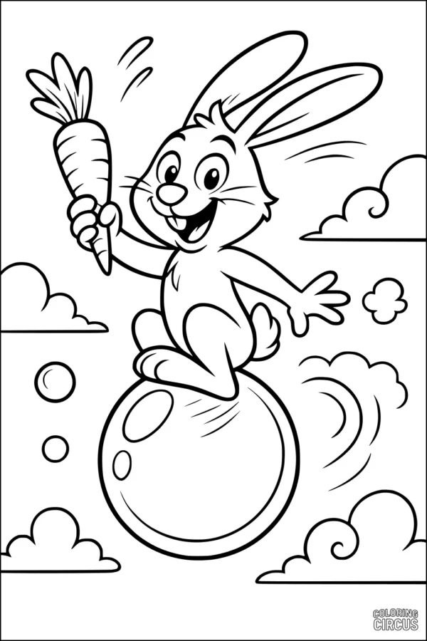 Coloring page of a happy cartoon rabbit with a carrot balancing on a bubble in the sky