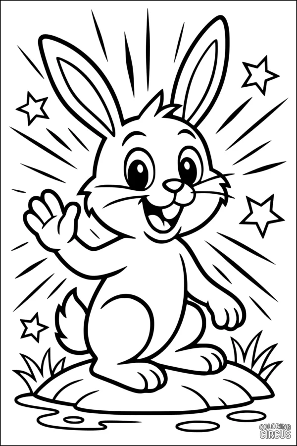Coloring page depicting a cute rabbit waving with stars and grass by a pond