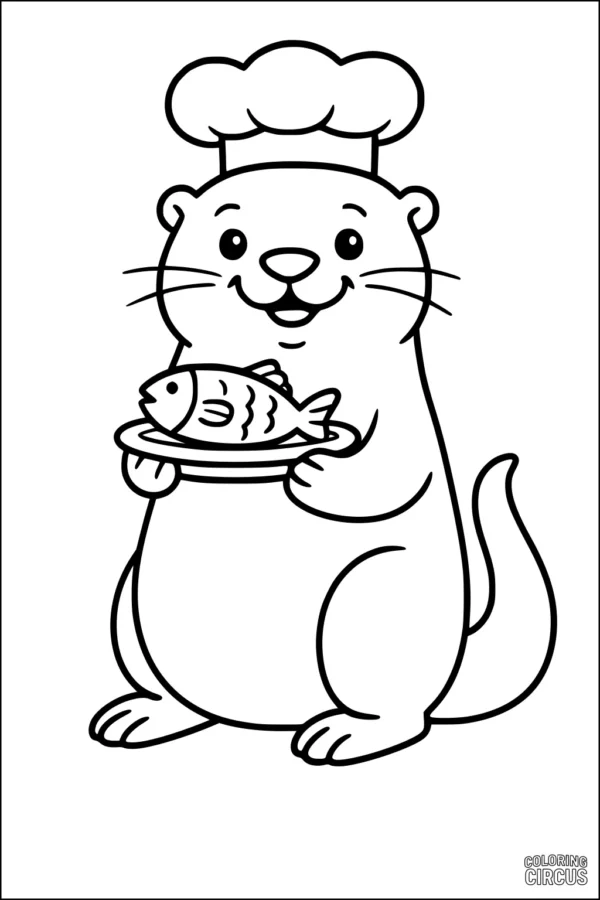 Coloring page of a happy otter chef holding a plate with a fish