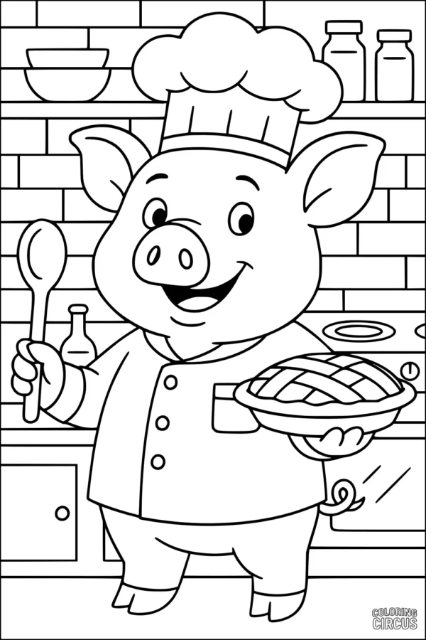 Coloring page of a pig chef holding a spoon and pie in a kitchen setting