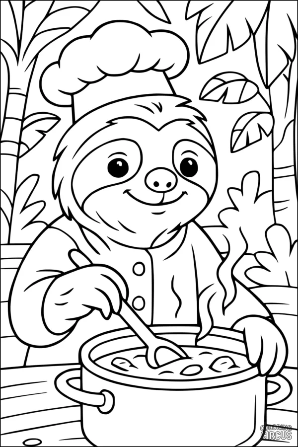 Coloring page showing a smiling cartoon sloth wearing a chef hat, stirring a pot of soup in a jungle setting