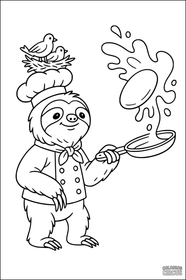 Coloring page featuring a cartoon sloth wearing a chef outfit flipping a pancake, with birds nest on its hat.
