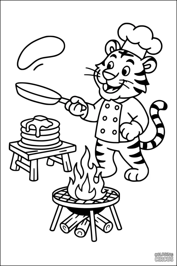 Coloring page of a cartoon tiger chef making pancakes over a campfire