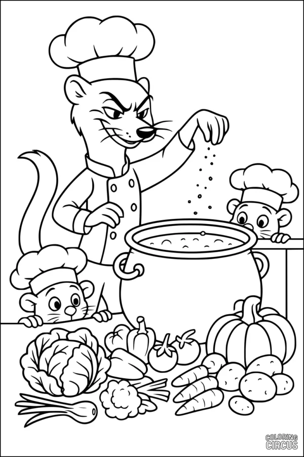 Coloring page showing cartoon weasel chef cooking soup with vegetables in kitchen scene.