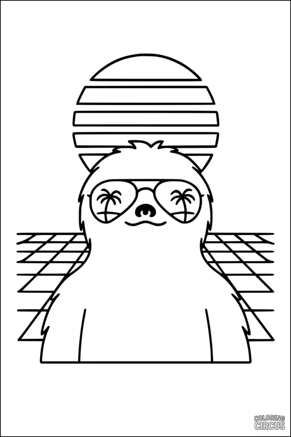Coloring page of a cute sloth wearing sunglasses with palm trees reflected, sitting in front of a striped sunset and tiled ground