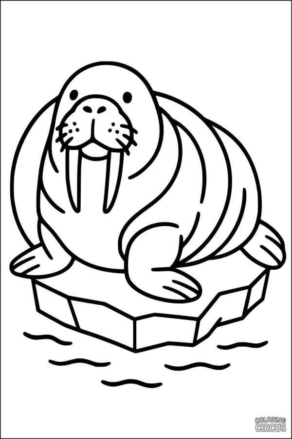 Coloring page of a cute walrus sitting on an ice floe in the water, designed for young children