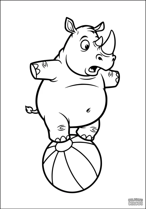 Coloring page of a cartoon rhinoceros balancing on a circus ball, simple and playful for children