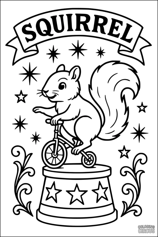 Coloring page featuring a circus squirrel riding a bicycle on a star-decorated stage