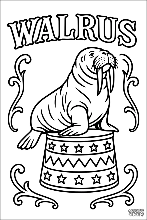 Coloring page of a walrus sitting on a decorated circus platform with playful swirls