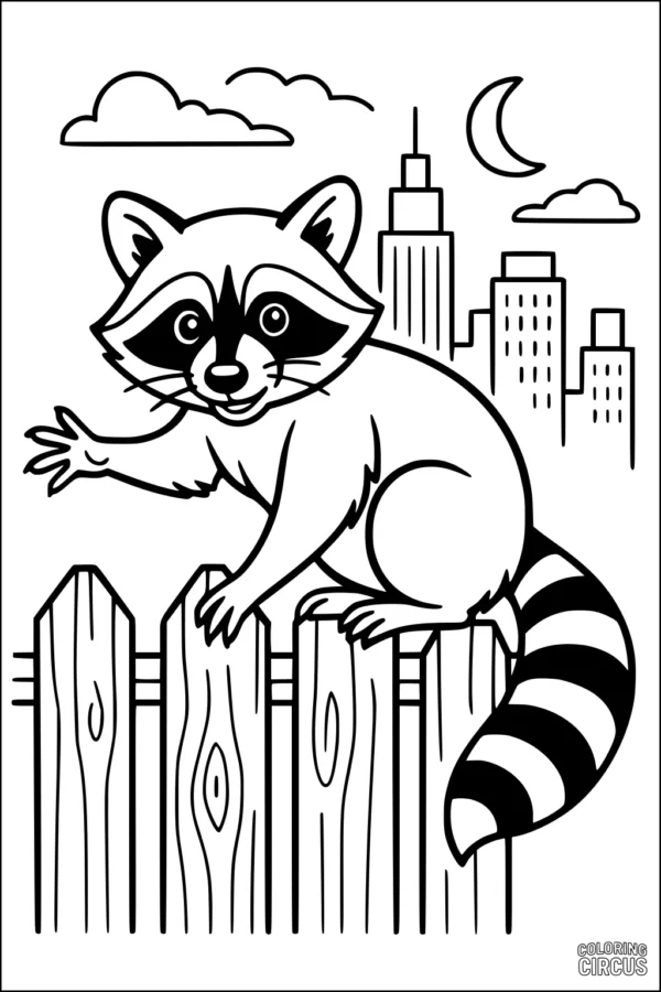 Coloring page of a cute raccoon sitting on a wooden fence at night in front of city buildings and clouds