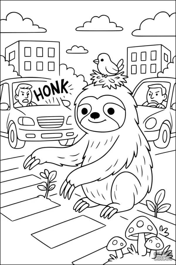 Coloring page featuring a cute sloth crossing a city street with a bird on its head while cars wait.