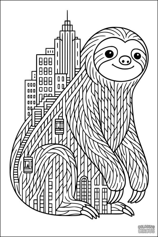 Coloring page featuring a smiling sloth surrounded by city skyscrapers and cable cars