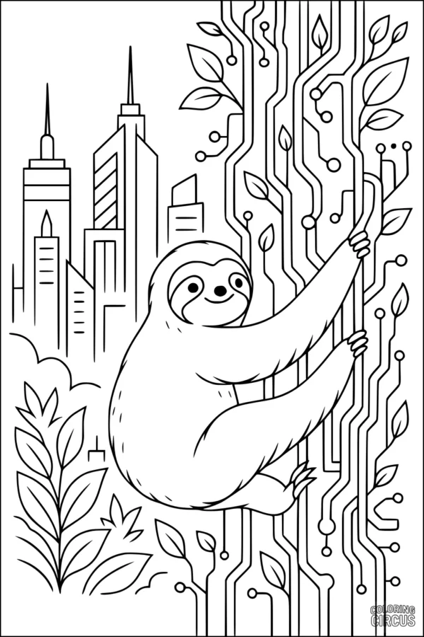 Coloring page of a smiling sloth hanging from a circuit-inspired tree with city buildings in the background