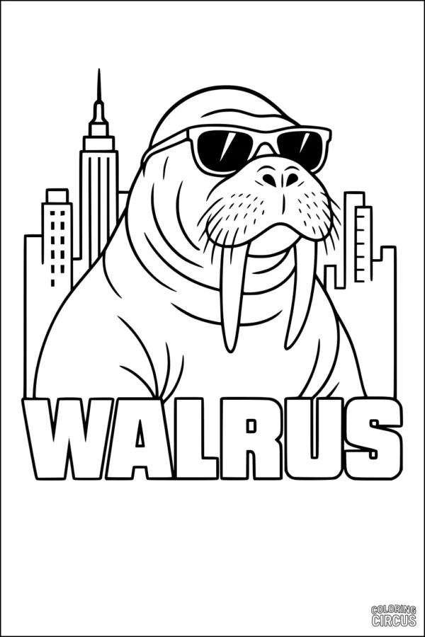 Coloring page walrus cartoon wearing sunglasses with city skyline in background