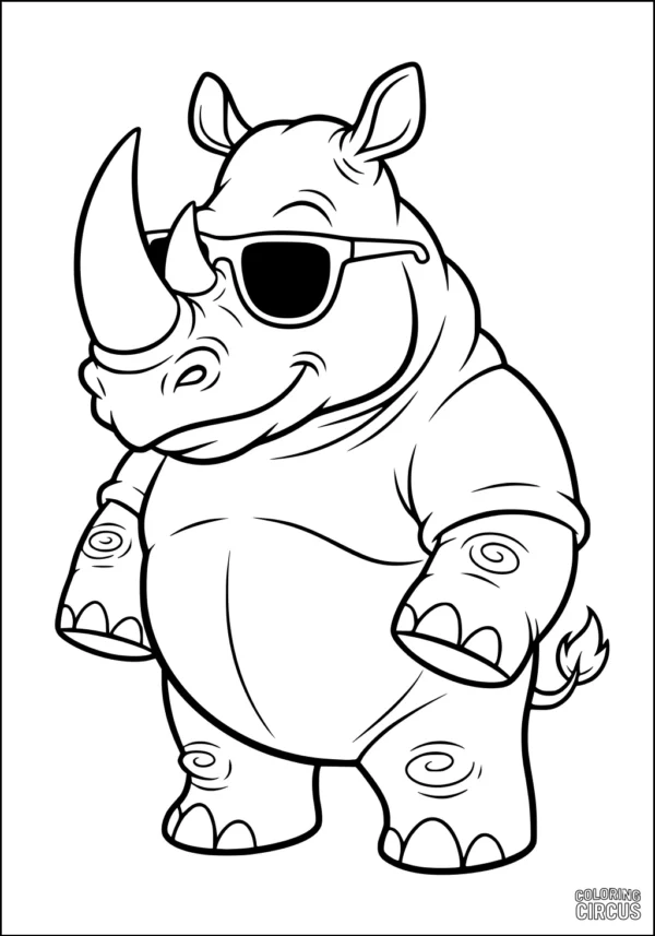 Coloring page friendly cartoon rhinoceros with sunglasses for kids